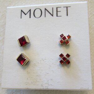 Monet Gold Tone/Red Pierced Earrings 1/4" NWT